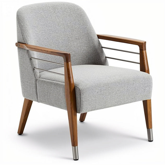 **Moderne fauteuil met houten armleuningen en lichtgrijze stof**