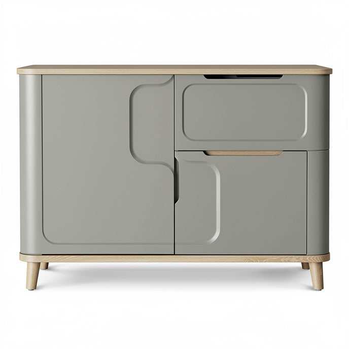 **Moderne Grijze Kast met Houten Accenten en Minimalistisch Ontwerp**