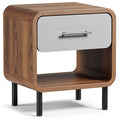 **Moderne nachtkast met laaddeur en open planken**
