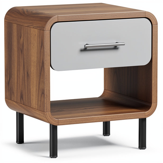 **Moderne nachtkast met laaddeur en open planken**